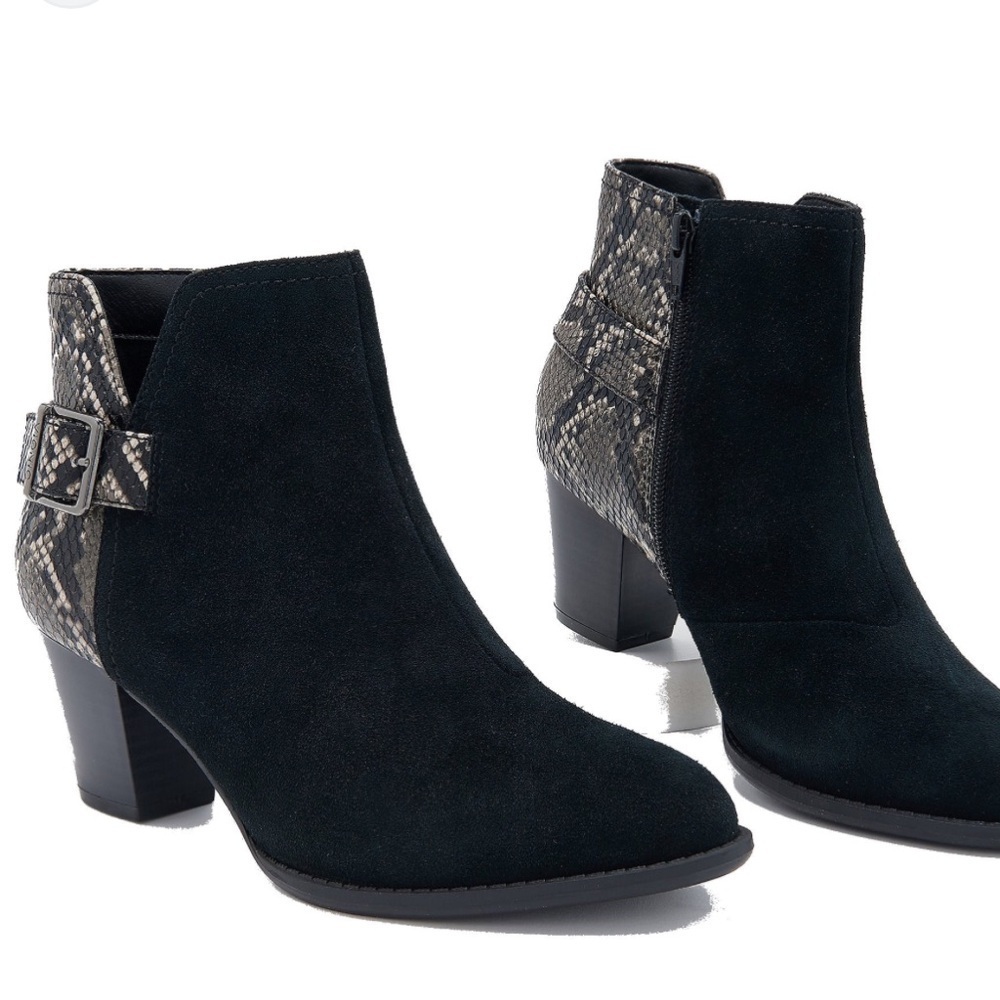 Vionic Naomi Black Suede Snake-Print Almond Toe Comfort Ankle Boots NWOB